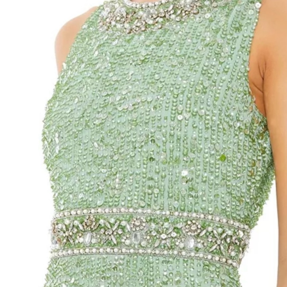 Mac Duggal Mint-Beaded High Neck Evening Gown